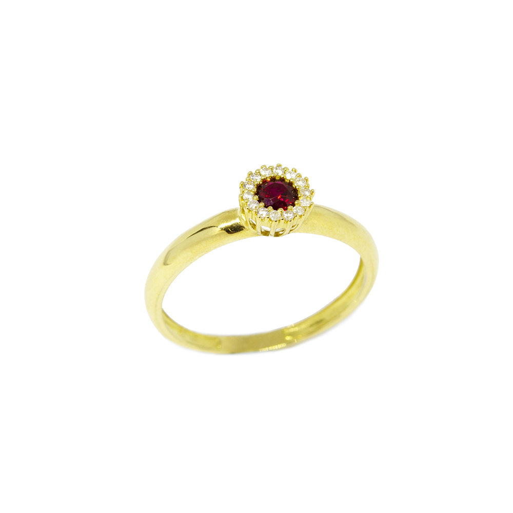 Anel Redondo Vermelho com Zirc�nias em Ouro 18 Kilates � 25377